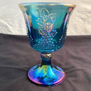 Vintage Indiana Glass Harvest Grape Design Blue Iridescent Goblet